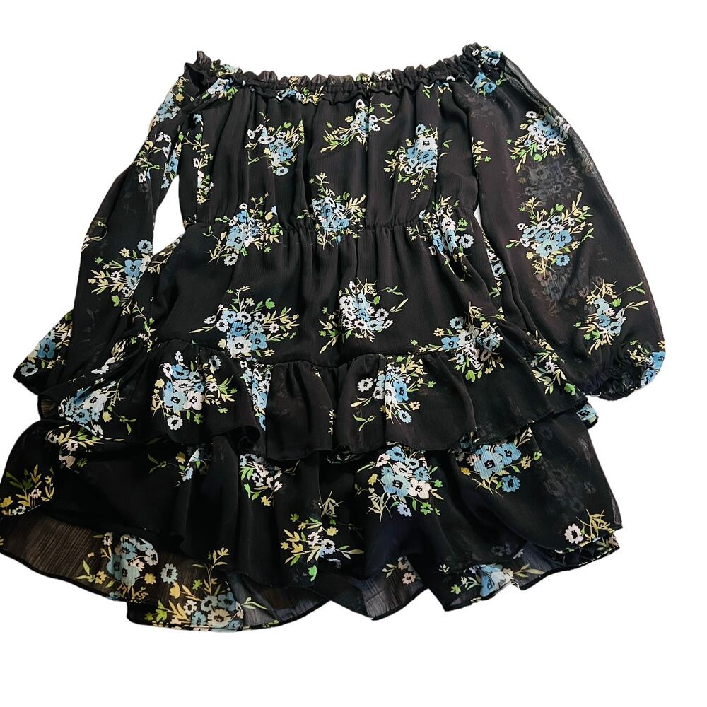 Aqua Floral Off Shoulder Layered Dress Size M Medium Black Multicolored - Picture 2 of 5